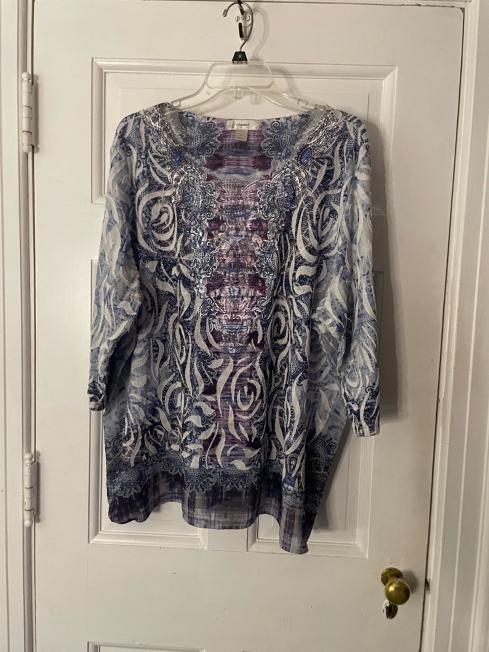CJ Banks Blue & White Embroidered Patterned Top